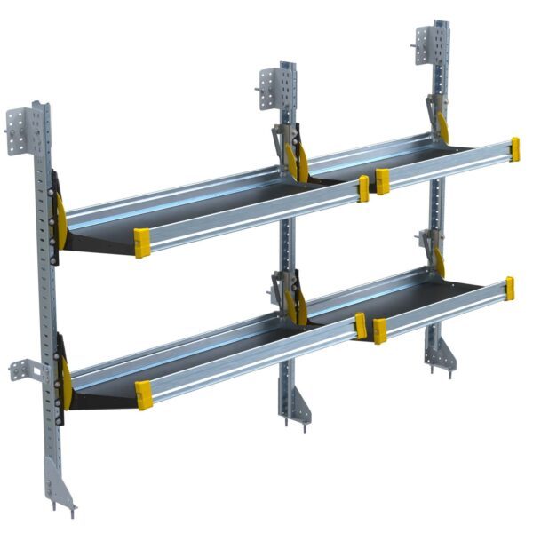 Fold-Away Cargo Van Foldable Shelving System With 2 Levels, 22"d x 65"h x 84"w. Model: F5-RA84-2.